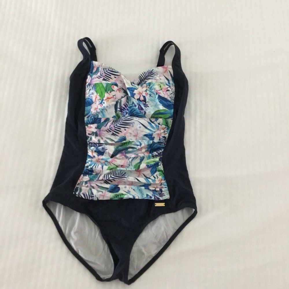LASCANA for VENUS One-Piece Swimsuit Sz 10 Dark Blue Floral Ruched Tummy Control